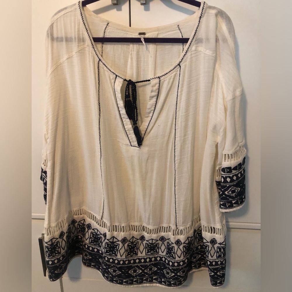 Free People White and Black Embroidered Blouse